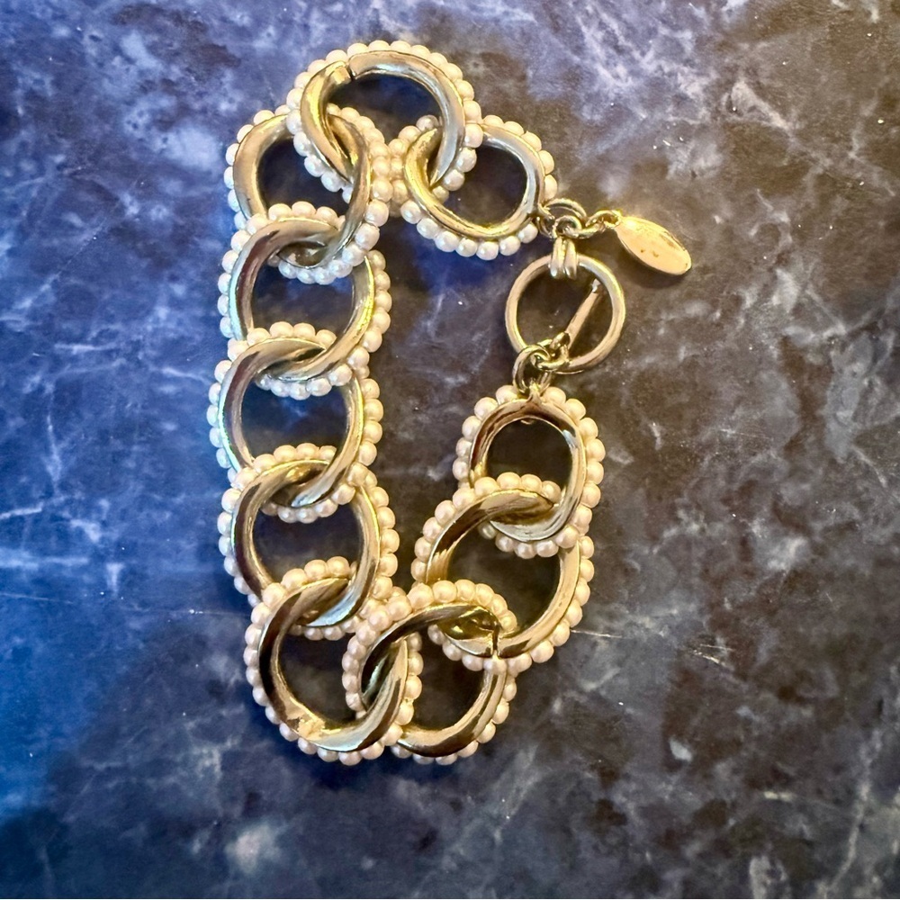 Vintage Signed Ann Taylor Gold Tone and Faux Pearl Bracelet Art Deco Revival